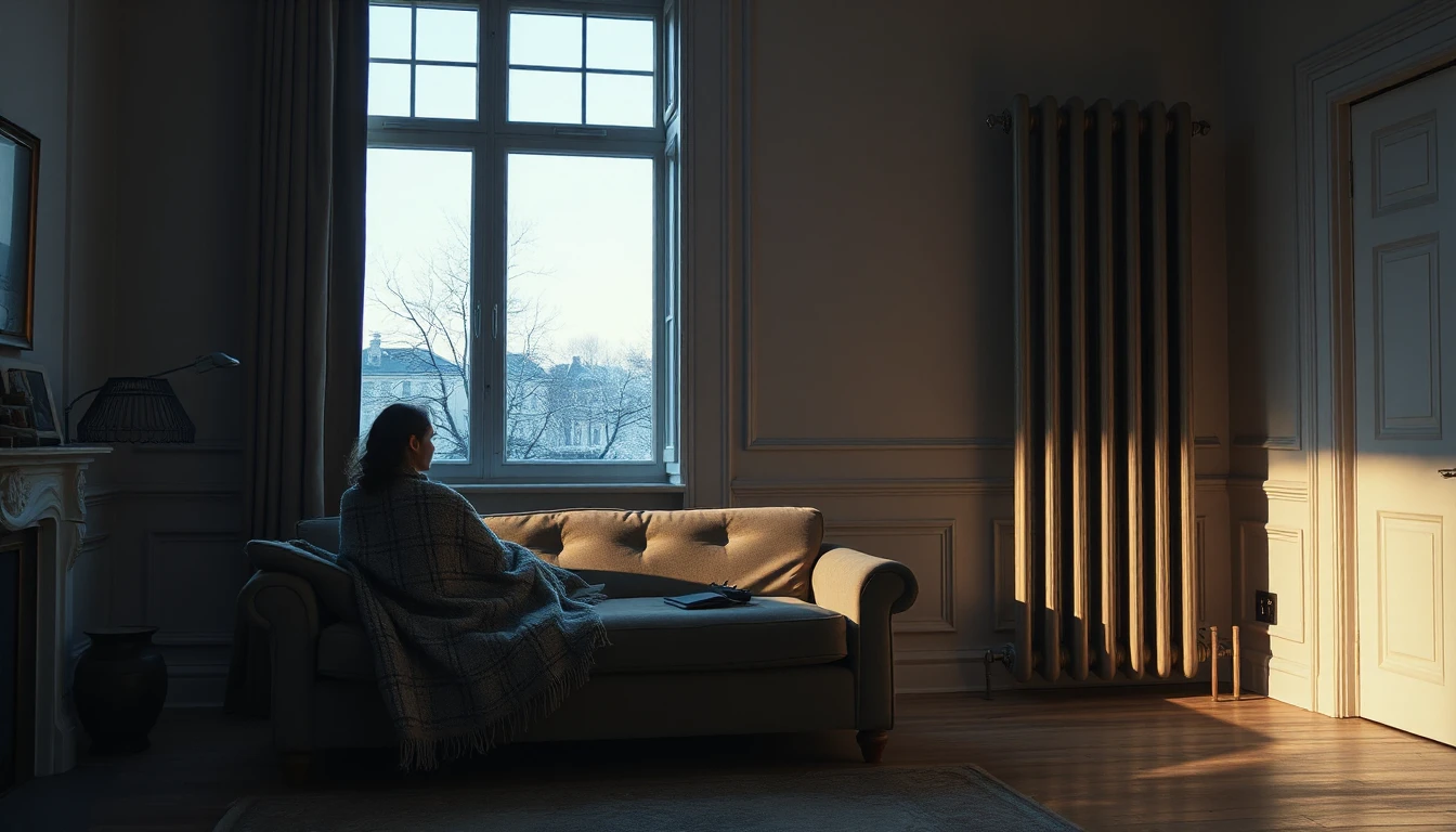KI-Symbolbild: Eine in eine Decke gehüllte Person auf dem Sofa in einem Altbauwohnzimmer mit hohem Heizkörper, draußen Winterdämmerung.