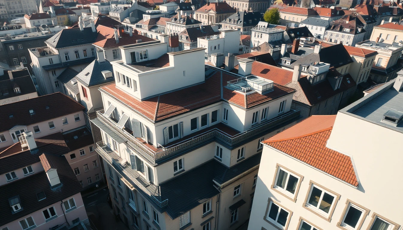 KI-Symbolbild: Ein Blick von oben auf Altbau-Dächer mit unterschiedlich großen Dachaufbauten und Terrassen im Morgenlicht.