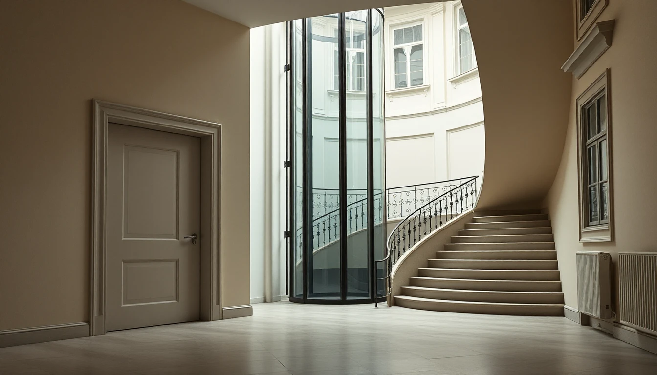 KI-Symbolbild: Eine Wohnungstür im Erdgeschoß eines Altbau-Stiegenhauses neben einem gläsernen Liftschacht und einer geschwungenen Treppe.
