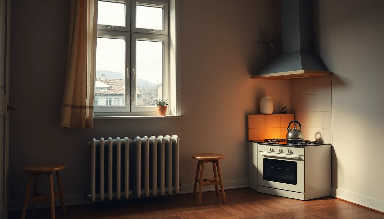 KI-Symbolbild: Eine schlichte Wohnküche mit Herd und Wasserkocher, Heizkörper unter dem Fenster und zwei Holzhockern im Abendlicht.