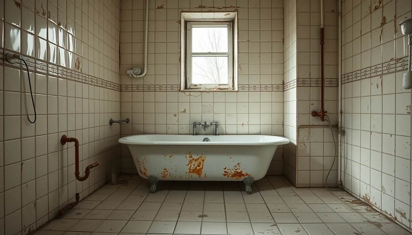 KI-Symbolbild: Ein heruntergekommenes Badezimmer mit rostfleckiger Badewanne auf Füßen und abgeplatzten Wandfliesen unter einem kleinen Fenster.