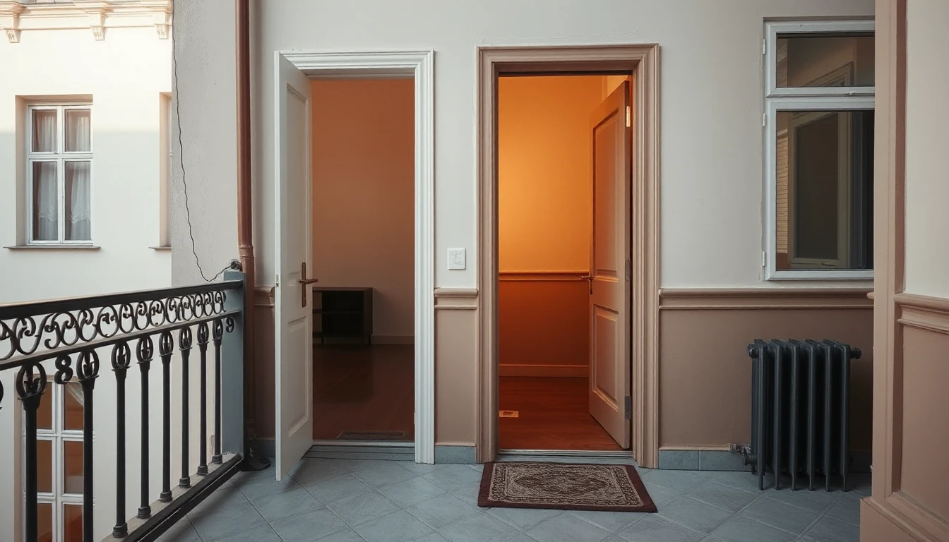 KI-Symbolbild: Ein Altbau-Gang mit zwei offenen Wohnungstüren, einer Fußmatte davor und einem schmiedeeisernen Geländer.