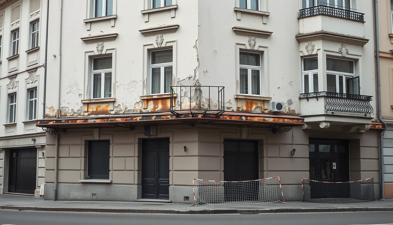 KI-Symbolbild: Eine Altbaufassade mit abblätterndem Putz, rostigem Vordach und Absperrnetzen am Gehsteig.
