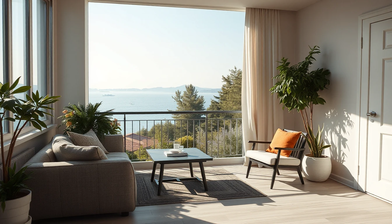 KI-Symbolbild: Ein sonniges Wohnzimmer mit Pflanzen und einem Balkon mit Blick über einen See.