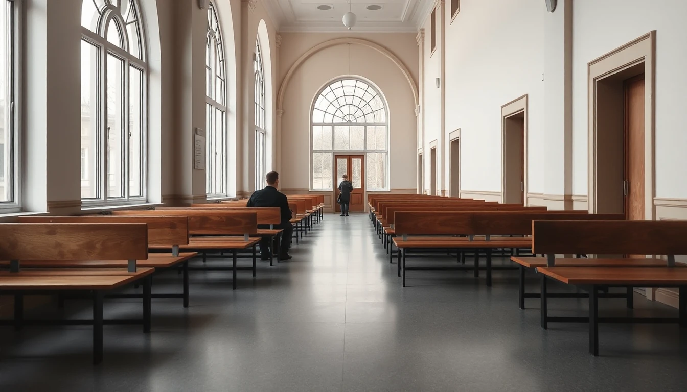 KI-Symbolbild: Eine helle Wartehalle mit Holzbänken und hohen Bogenfenstern, eine Person sitzt von hinten gesehen.
