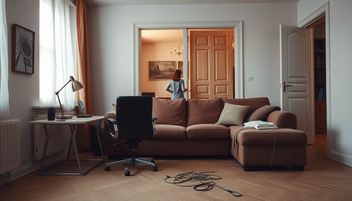 KI-Symbolbild: Ein Wohnzimmer mit Schreibtisch, Bürostuhl und Kabeln vor dem Sofa, im Nebenraum eine Person von hinten.