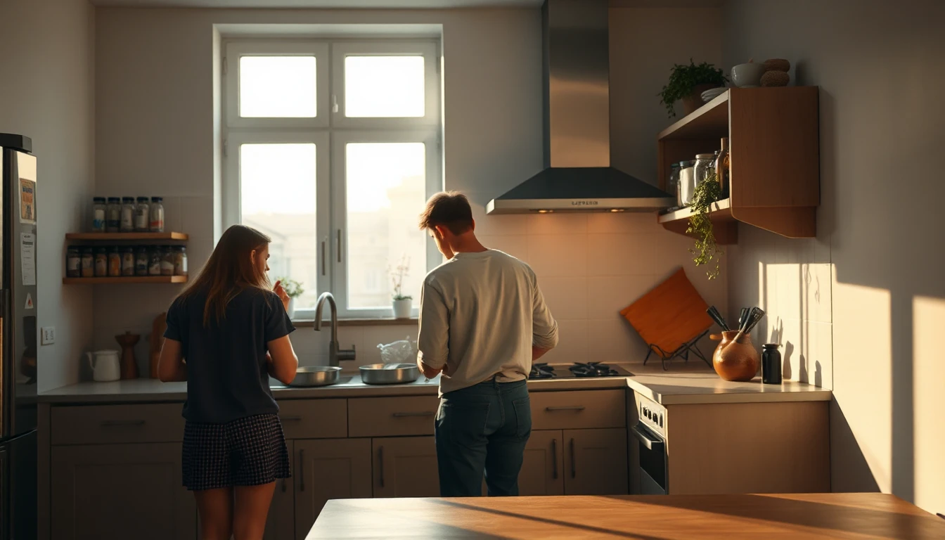 KI-Symbolbild: Zwei Personen kochen von hinten gesehen in einer warm beleuchteten Wohnküche mit Gewürzgläsern im Regal.