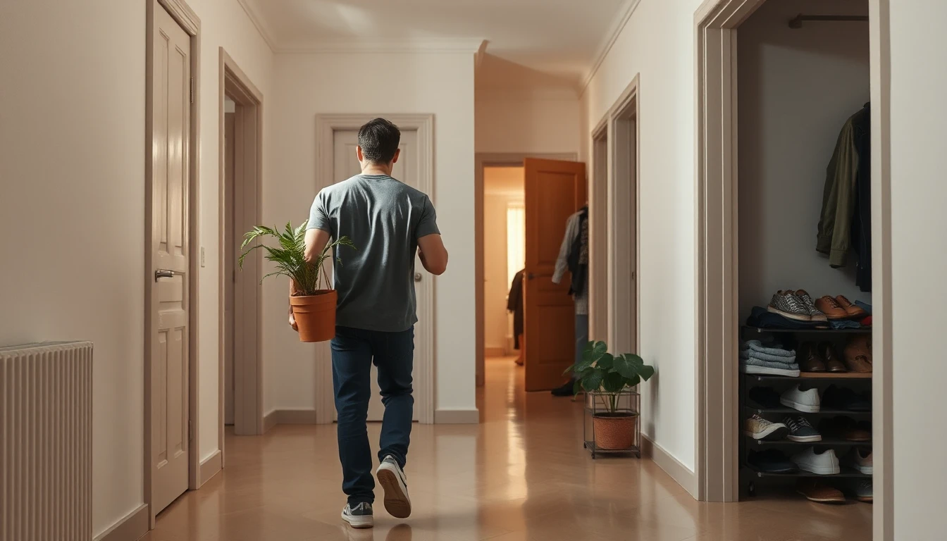 KI-Symbolbild: Eine Person trägt von hinten gesehen eine Topfpflanze durch einen hellen Flur mit mehreren Türen und Schuhregal.