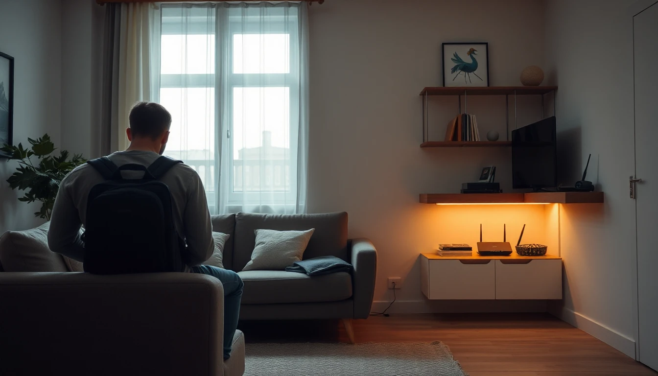 KI-Symbolbild: Eine Person mit Rucksack sitzt von hinten gesehen auf dem Sofa, im Regal leuchtet ein kleiner Router.