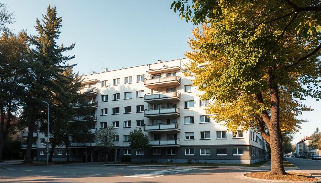 KI-Symbolbild: Ein gepflegter mehrstöckiger Wohnbau mit Balkonen zwischen großen Bäumen im Herbstlicht.