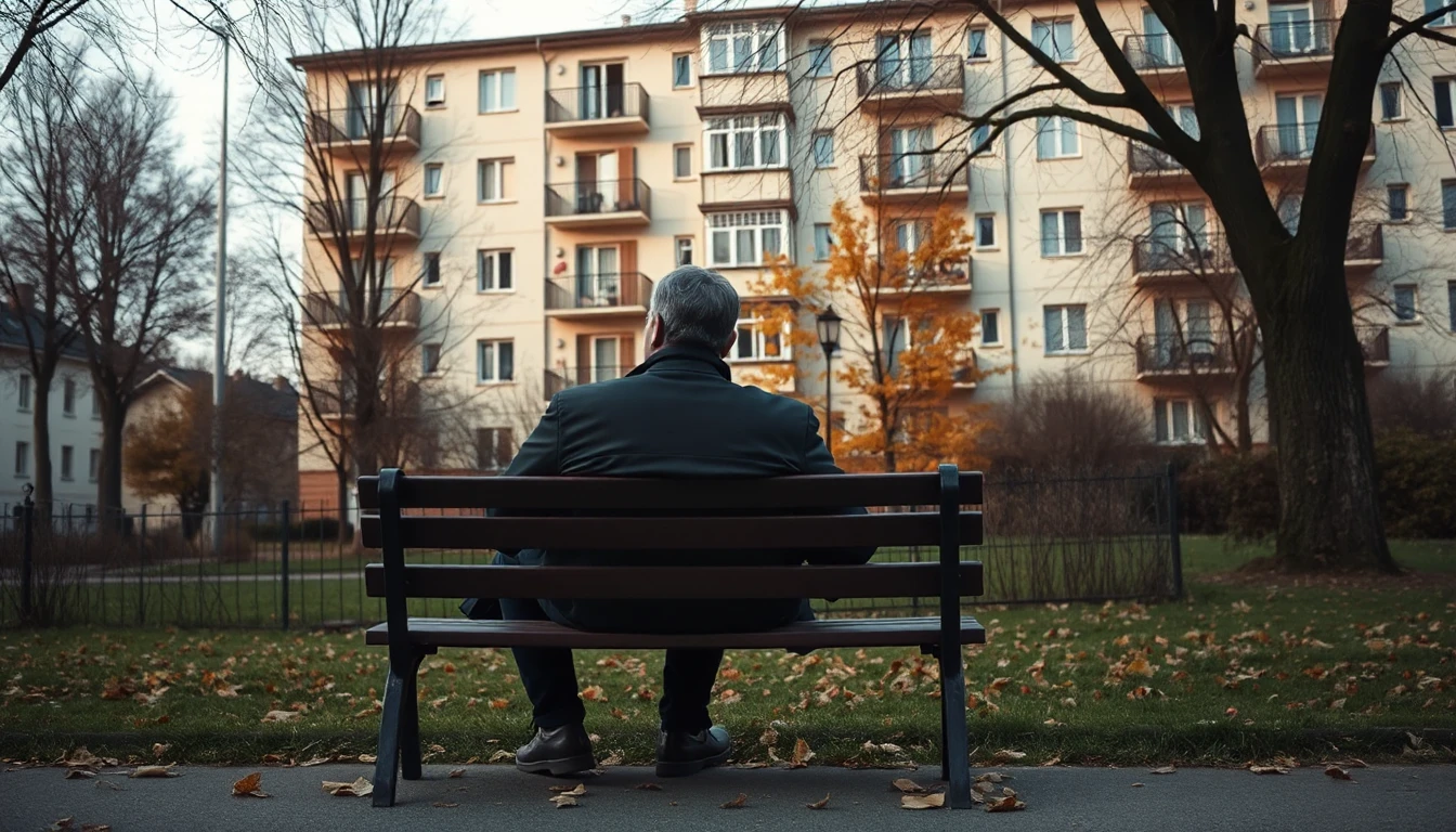 KI-Symbolbild: Eine Person sitzt von hinten gesehen auf einer Parkbank vor einem Altbau, auf dem Weg liegt Herbstlaub.