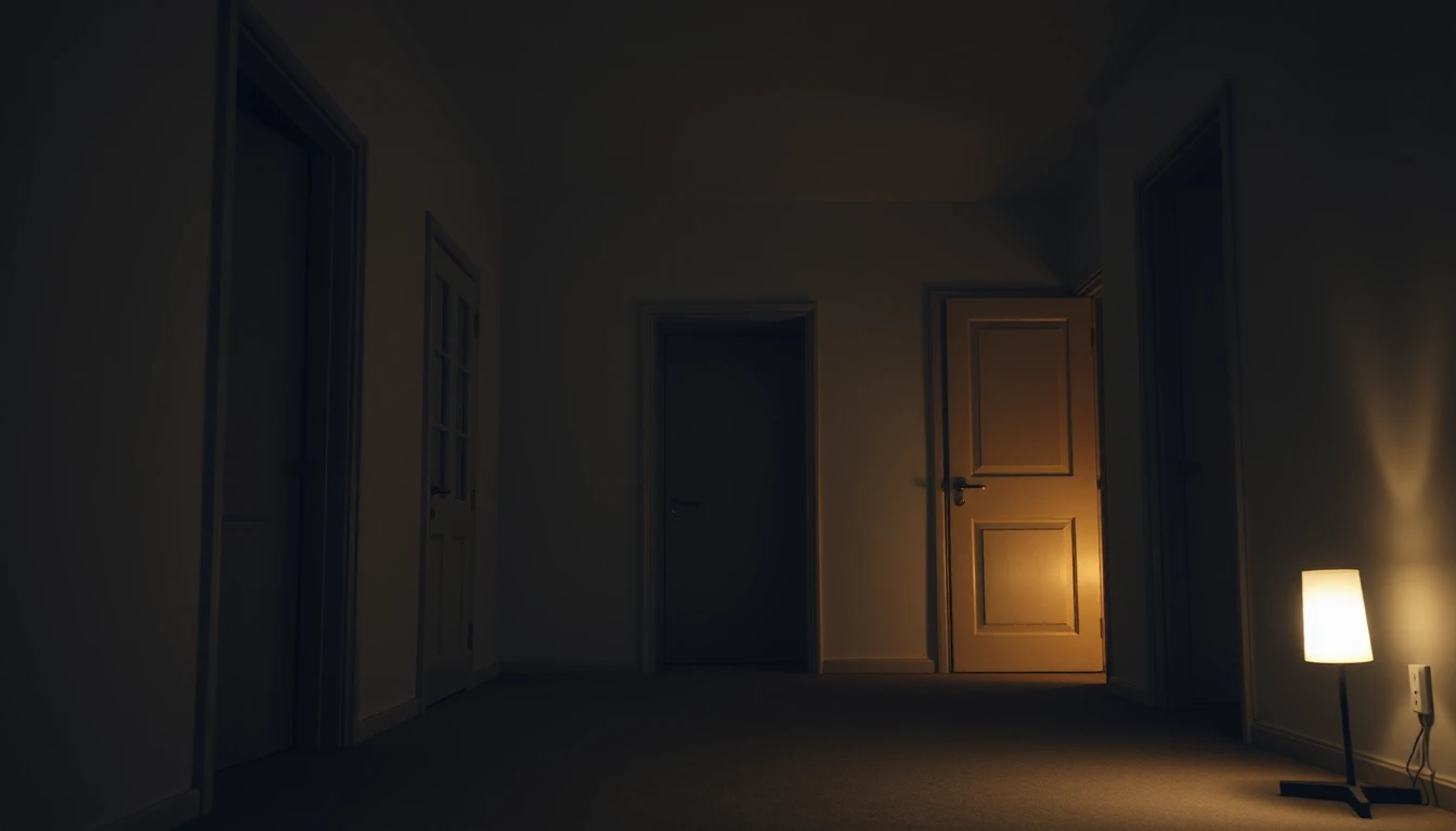 KI-Symbolbild: Ein dunkler Wohnungsflur bei Nacht mit geschlossenen Türen und einer kleinen leuchtenden Lampe.