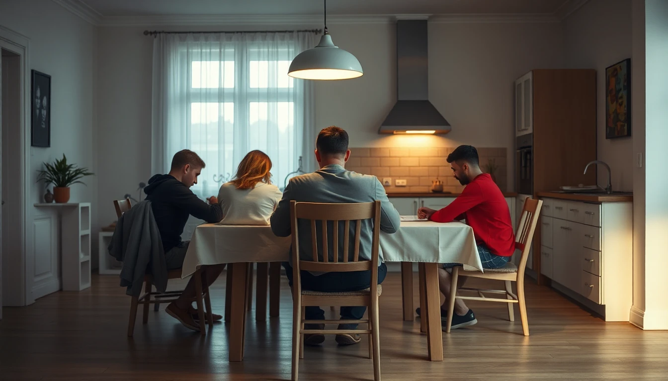 KI-Symbolbild: Mehrere Personen sitzen abends unter einer Hängelampe am Küchentisch einer Wohnung.