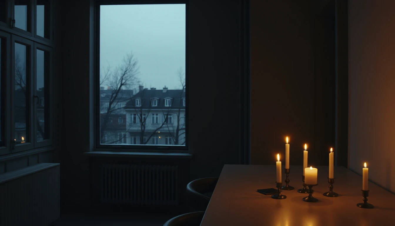 KI-Symbolbild: Ein dunkler Raum, nur von Kerzen auf dem Tisch erhellt, durch das Fenster Altbauten in der Dämmerung.