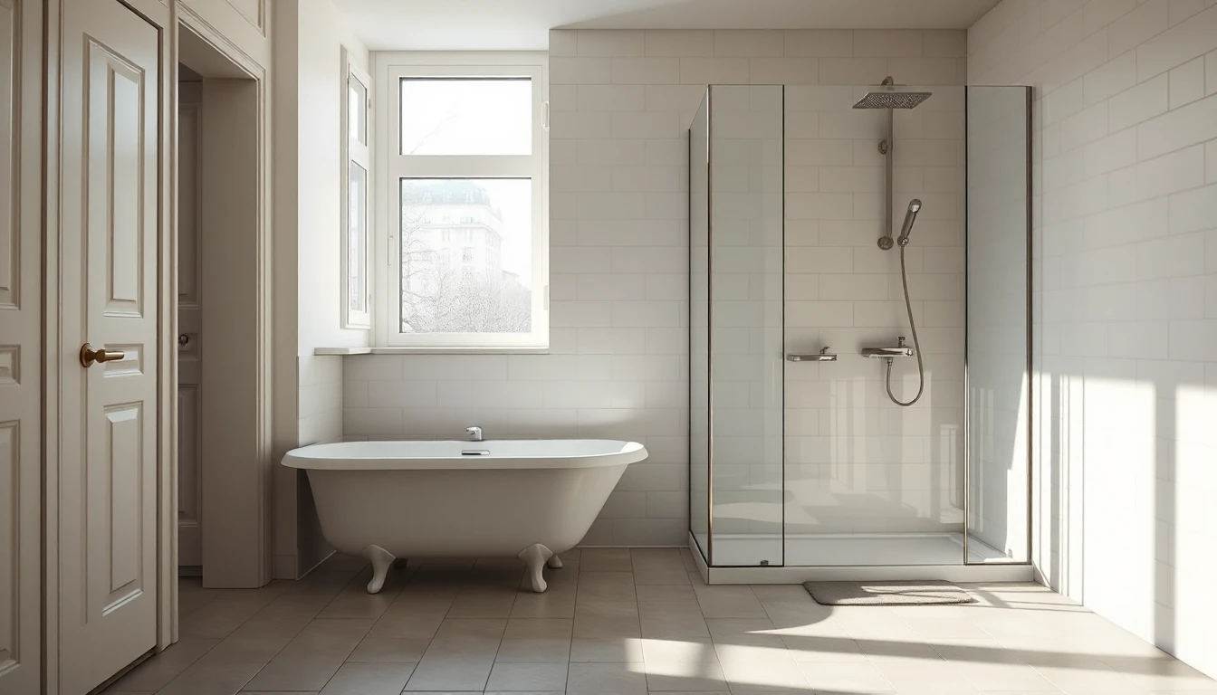 KI-Symbolbild: Ein frisch renoviertes Badezimmer mit großer Glasdusche, hellen Fliesen und einer freistehenden Badewanne.