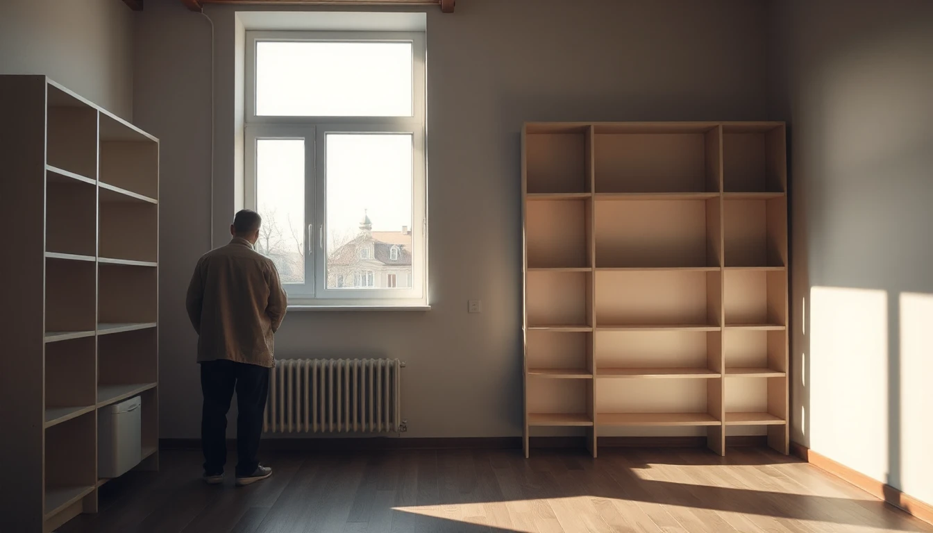 KI-Symbolbild: Eine Person steht von hinten gesehen am Fenster eines Zimmers mit leer geräumten Regalen.