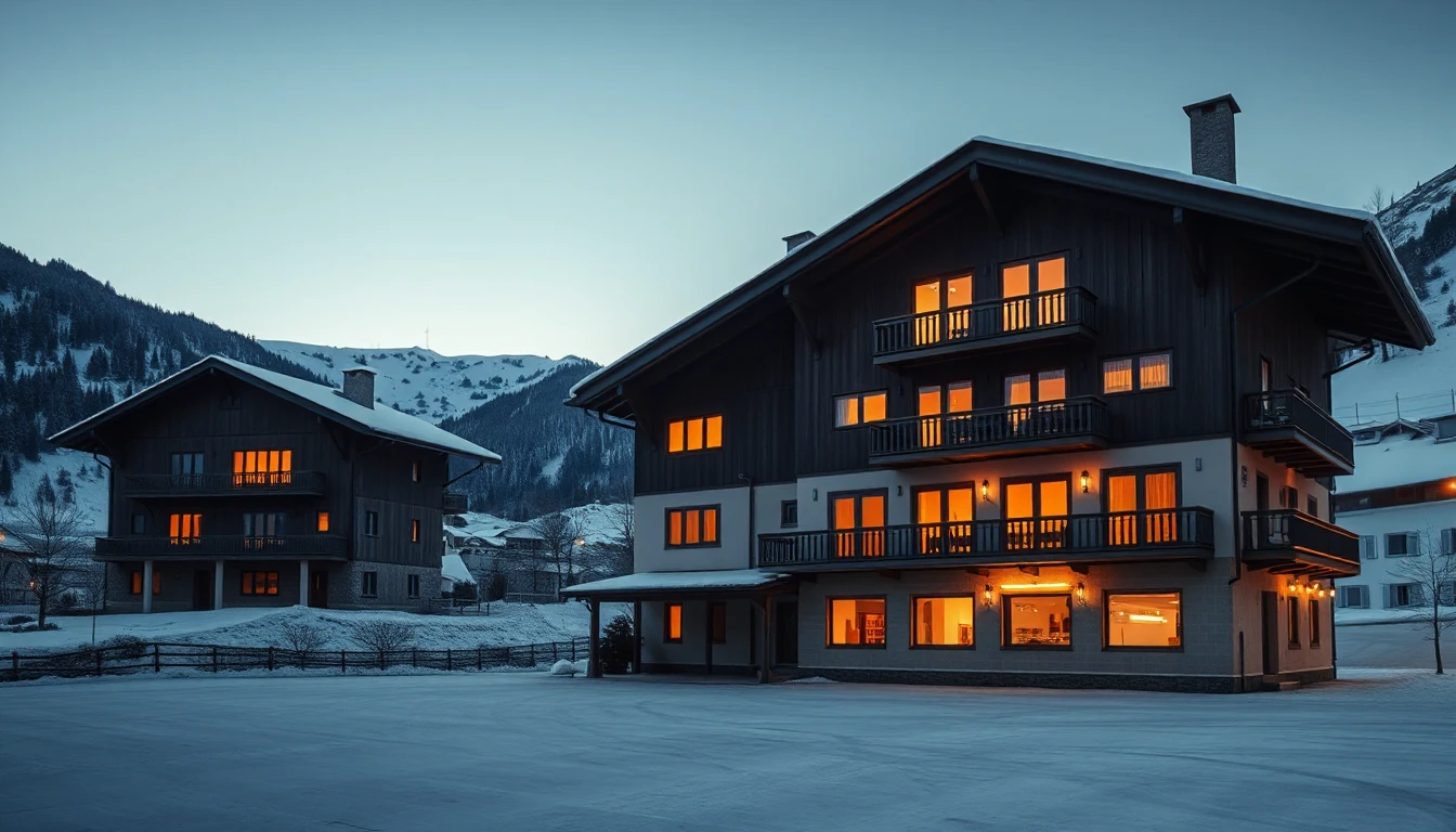 KI-Symbolbild: Ein großes Tiroler Holzhaus mit warm erleuchteten Fenstern auf mehreren Etagen vor verschneiten Hängen in der Dämmerung.