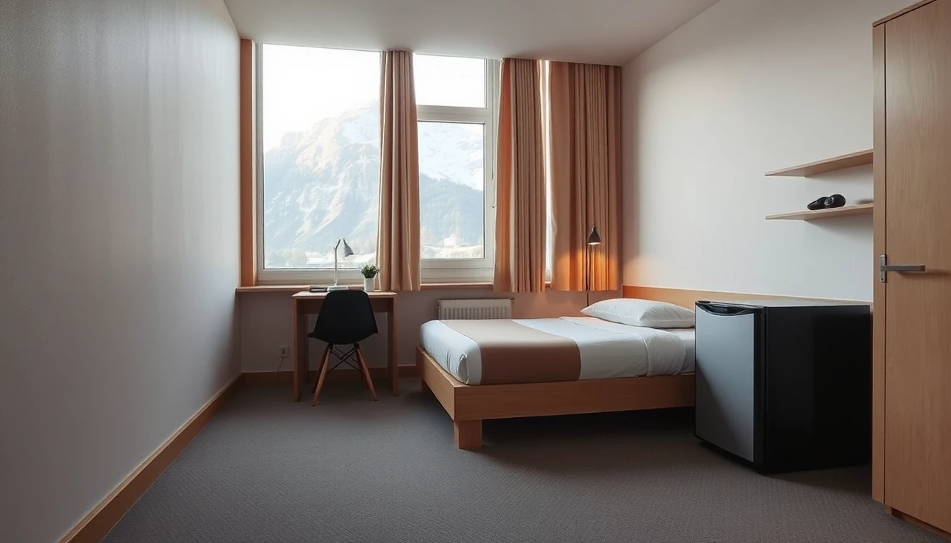 KI-Symbolbild: Ein ordentliches Einzelzimmer im Studentenheim mit Bett, Schreibtisch, kleinem Kühlschrank und Bergblick.