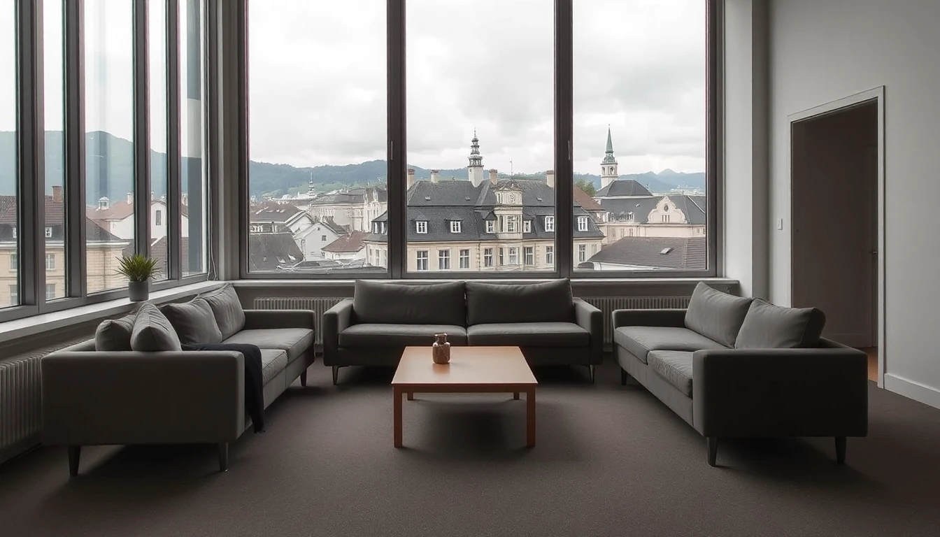 KI-Symbolbild: Ein ruhiger Gemeinschaftsraum mit Sofas um einen niedrigen Tisch und großem Fenster über Altstadtdächer.