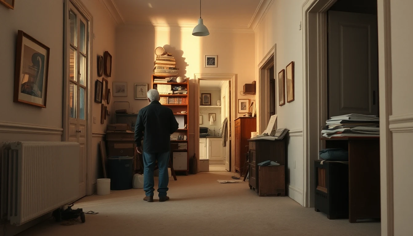 KI-Symbolbild: Ein älterer Mann steht von hinten gesehen im Flur einer Altbauwohnung voller Bücher, Möbel und Bilder im warmen Nachmittagslicht.