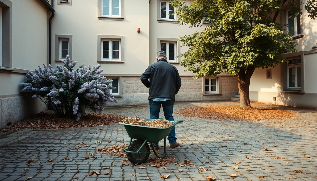 KI-Symbolbild: Ein Mann steht von hinten gesehen mit einer Schubkarre voller Laub im gepflasterten Innenhof eines alten Wohnhauses neben einem Fliederstrauch.
