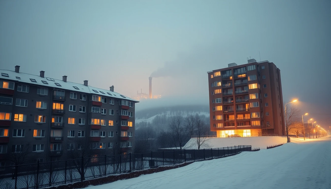 KI-Symbolbild: Verschneite Wohnblöcke mit warm erleuchteten Fenstern an einem Wintermorgen, in der Ferne steigt Dampf aus einem Kraftwerksschlot.