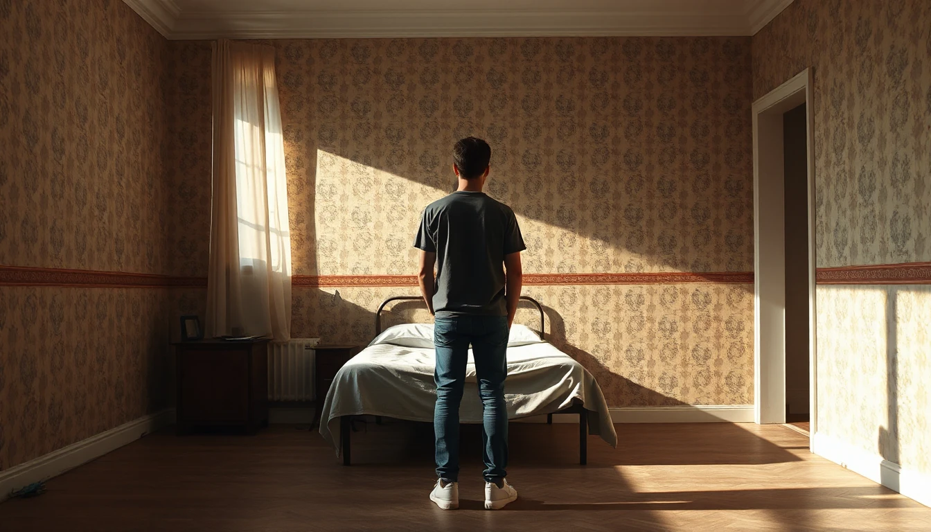 KI-Symbolbild: Ein junger Mann steht von hinten gesehen in einem Zimmer mit gemusterter alter Tapete vor einem schmalen Bett im Nachmittagslicht.