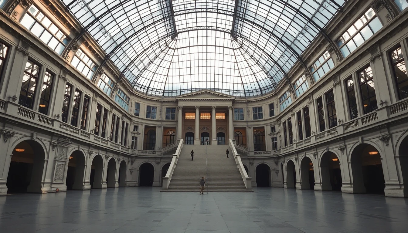 KI-Symbolbild: Eine prunkvolle Halle mit Glasdach und breiter Treppe, auf der wenige Menschen klein in der Ferne zu sehen sind.