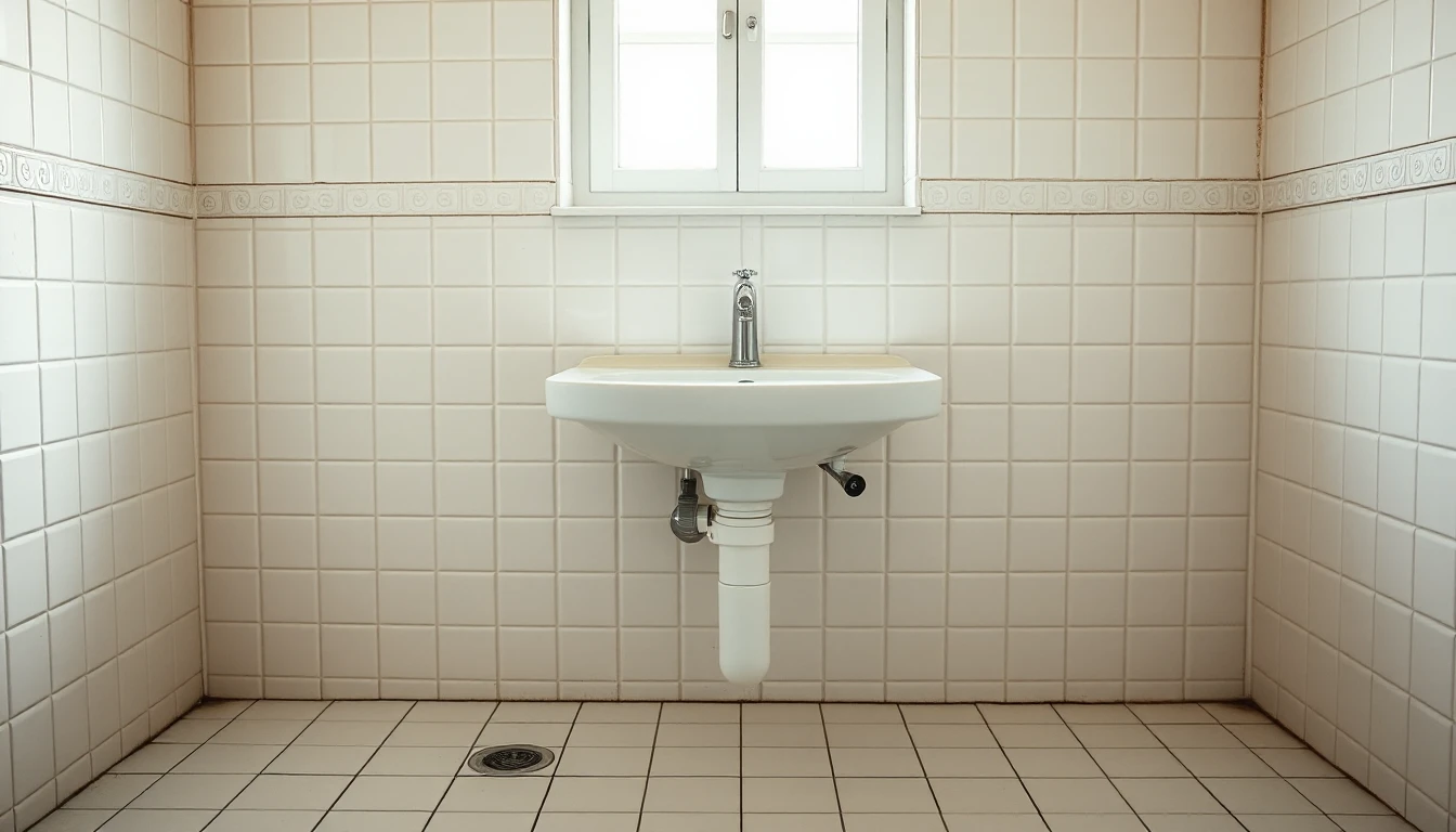 KI-Symbolbild: Ein neu montiertes weißes Waschbecken mit Chromarmatur an einer weiß gefliesten Badezimmerwand unter einem Fenster.