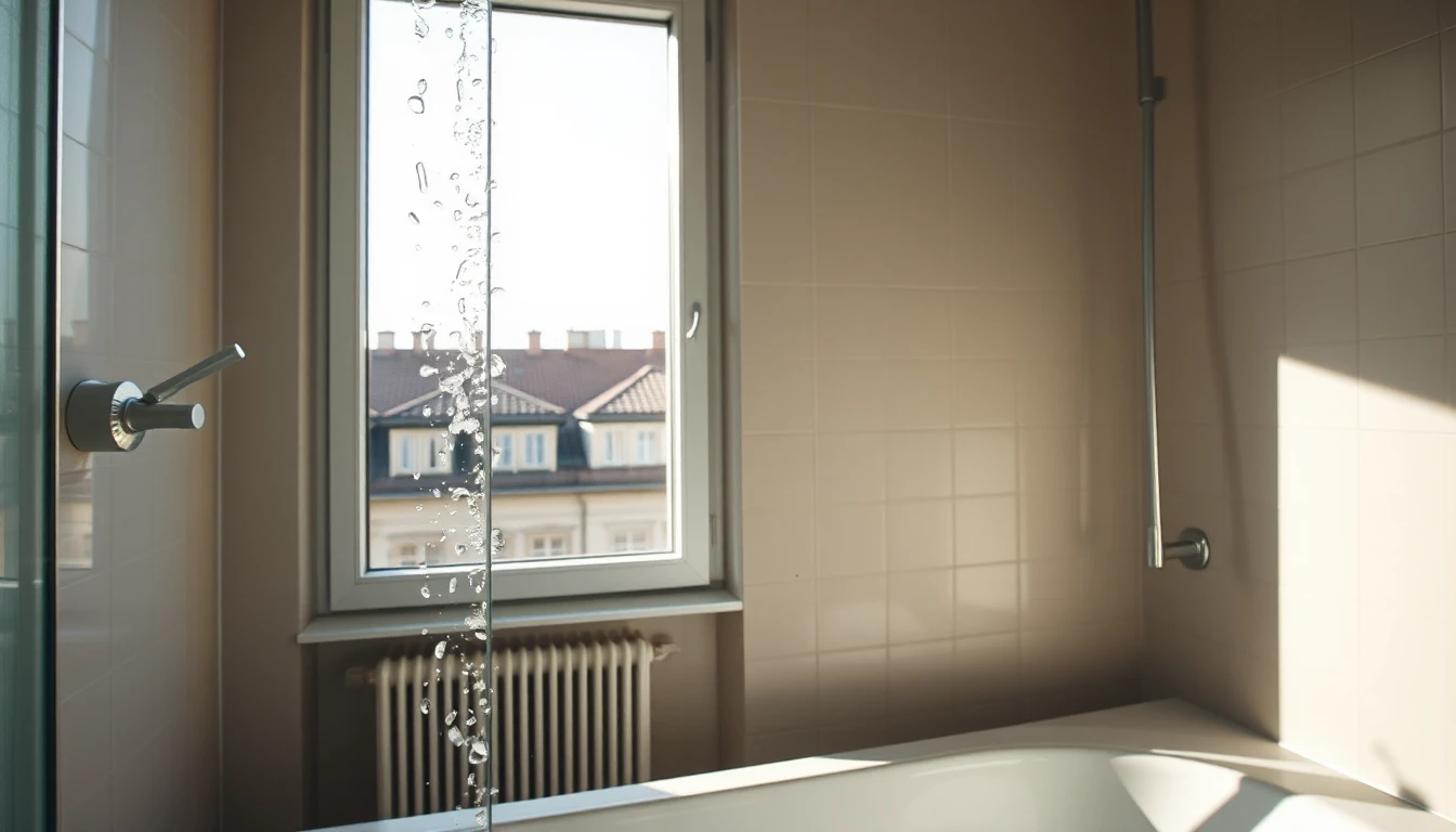 KI-Symbolbild: Ein helles Badezimmer mit Wassertropfen an der Duschglaswand und Blick aus dem Fenster auf alte Wiener Dächer am Morgen.