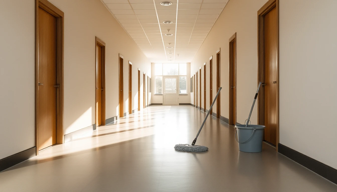 KI-Symbolbild: Ein langer heller Gang eines Wohnheims mit Holztüren, auf dem Boden liegen ein Wischmopp und ein Kübel mit Mopp im Sonnenlicht.