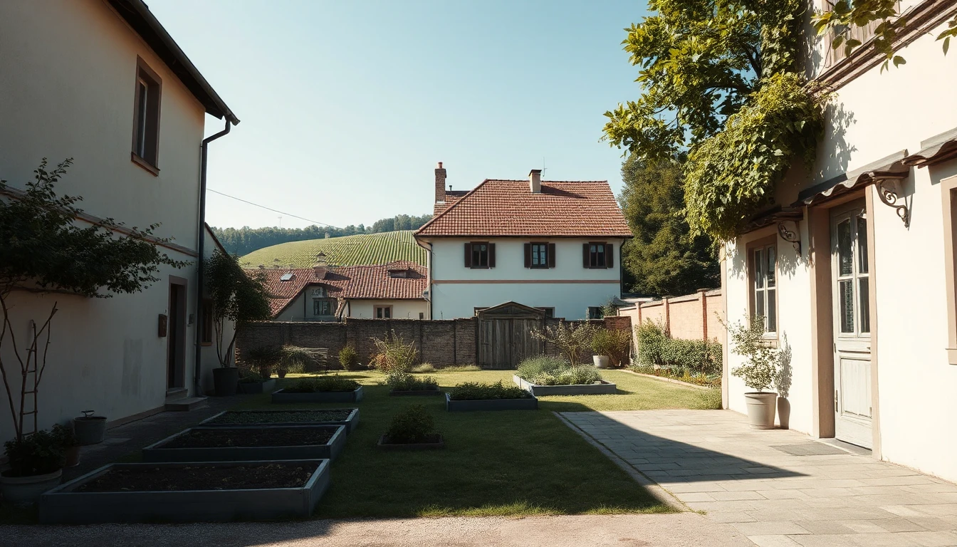 KI-Symbolbild: Ein Garten mit Gemüsebeeten zwischen alten Häusern, dahinter ein Weinberg im Spätsommerlicht.