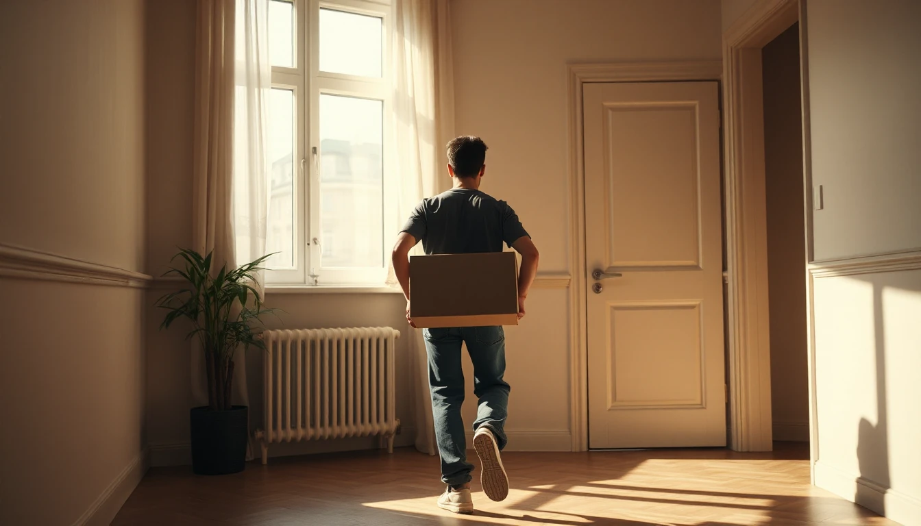 KI-Symbolbild: Ein junger Mann trägt von hinten gesehen einen schlichten Karton durch eine helle Altbauwohnung im warmen Nachmittagslicht.