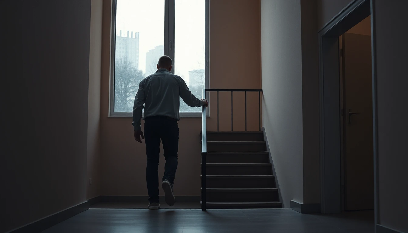 KI-Symbolbild: Ein Mann geht von hinten gesehen im dunklen Stiegenhaus eines Wohnhauses zur Treppe, draußen ein grauer Regenabend.