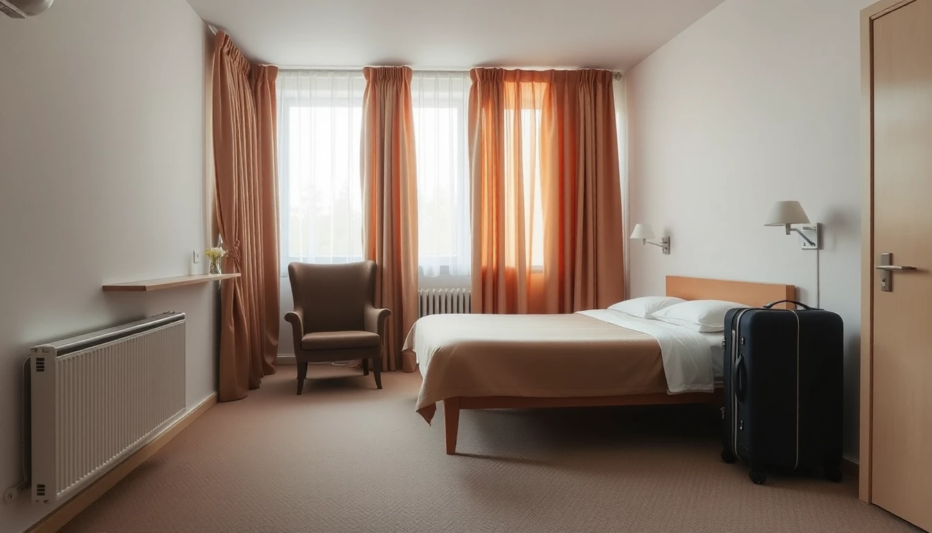 KI-Symbolbild: Ein aufgeräumtes, leeres Zimmer mit gemachtem Bett, Ohrensessel und Koffer, die Vorhänge sind halb zugezogen.