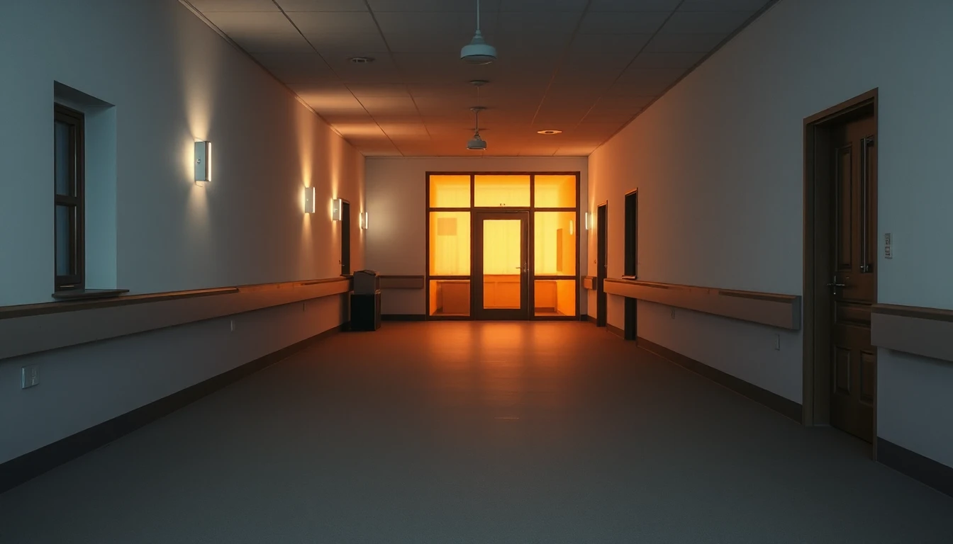 KI-Symbolbild: Ein leerer, gedimmter Gang eines Heims, an dessen Ende eine Glastür warm erleuchtet ist.