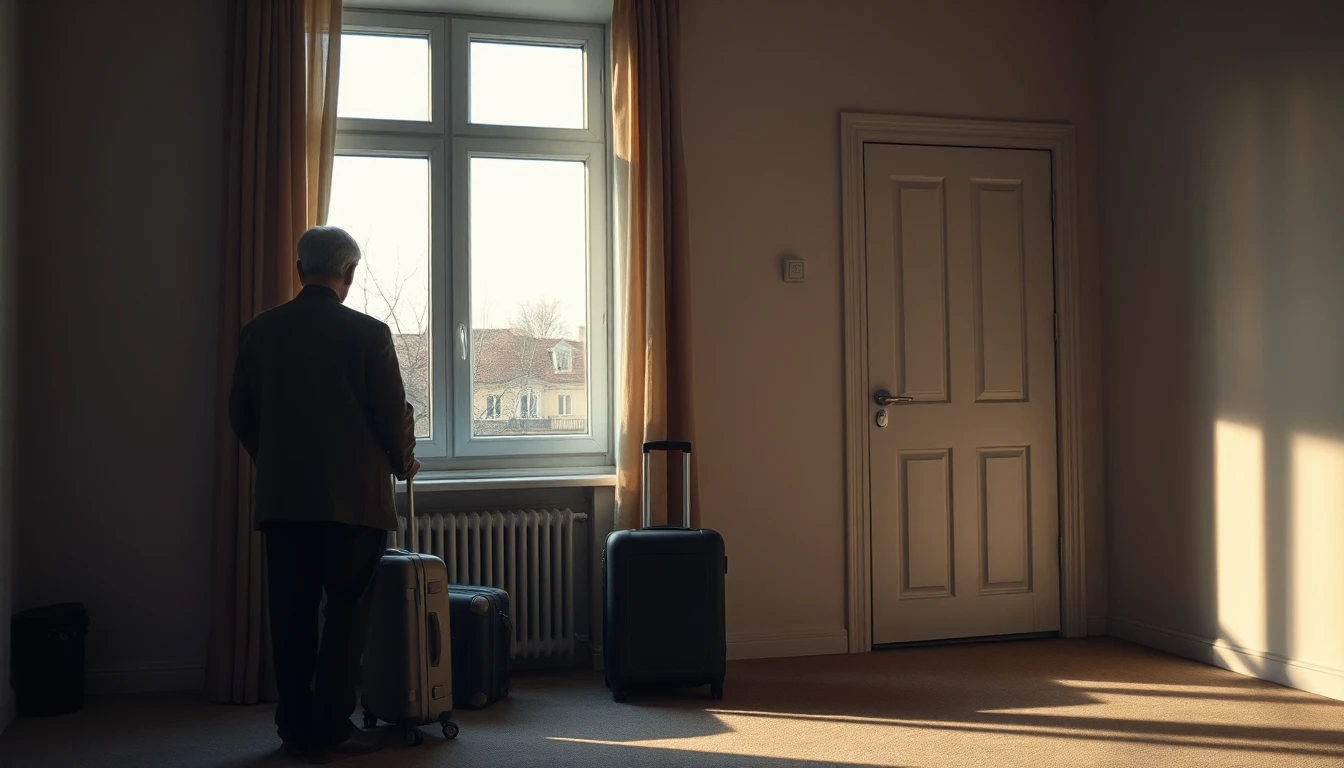 KI-Symbolbild: Ein älterer Mann steht von hinten gesehen mit Koffern am Fenster einer Altbauwohnung im Abendlicht.
