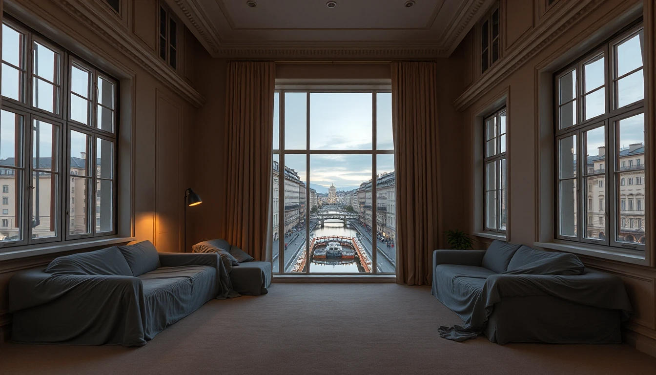 KI-Symbolbild: Ein hoher Altbauraum mit abgedeckten Sofas und Blick durch ein großes Fenster auf einen Stadtkanal mit Brücken in der Abenddämmerung.