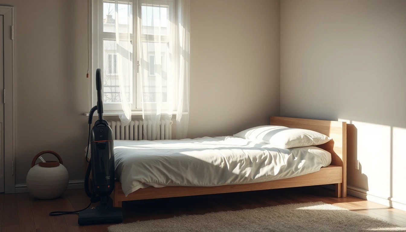 KI-Symbolbild: Schlafzimmer mit ordentlich gemachtem Holzbett und weißer Bettwäsche, daneben ein stehender Staubsauger, Sonnenlicht fällt durch das Fenster.
