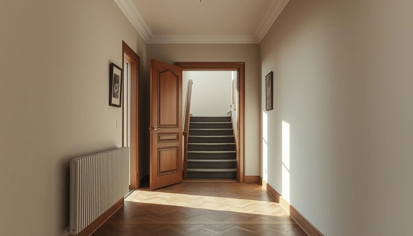 KI-Symbolbild: Heller Wohnungsflur mit Parkettboden und weit geöffneter Tür, durch die man in ein Treppenhaus mit Treppe blickt.