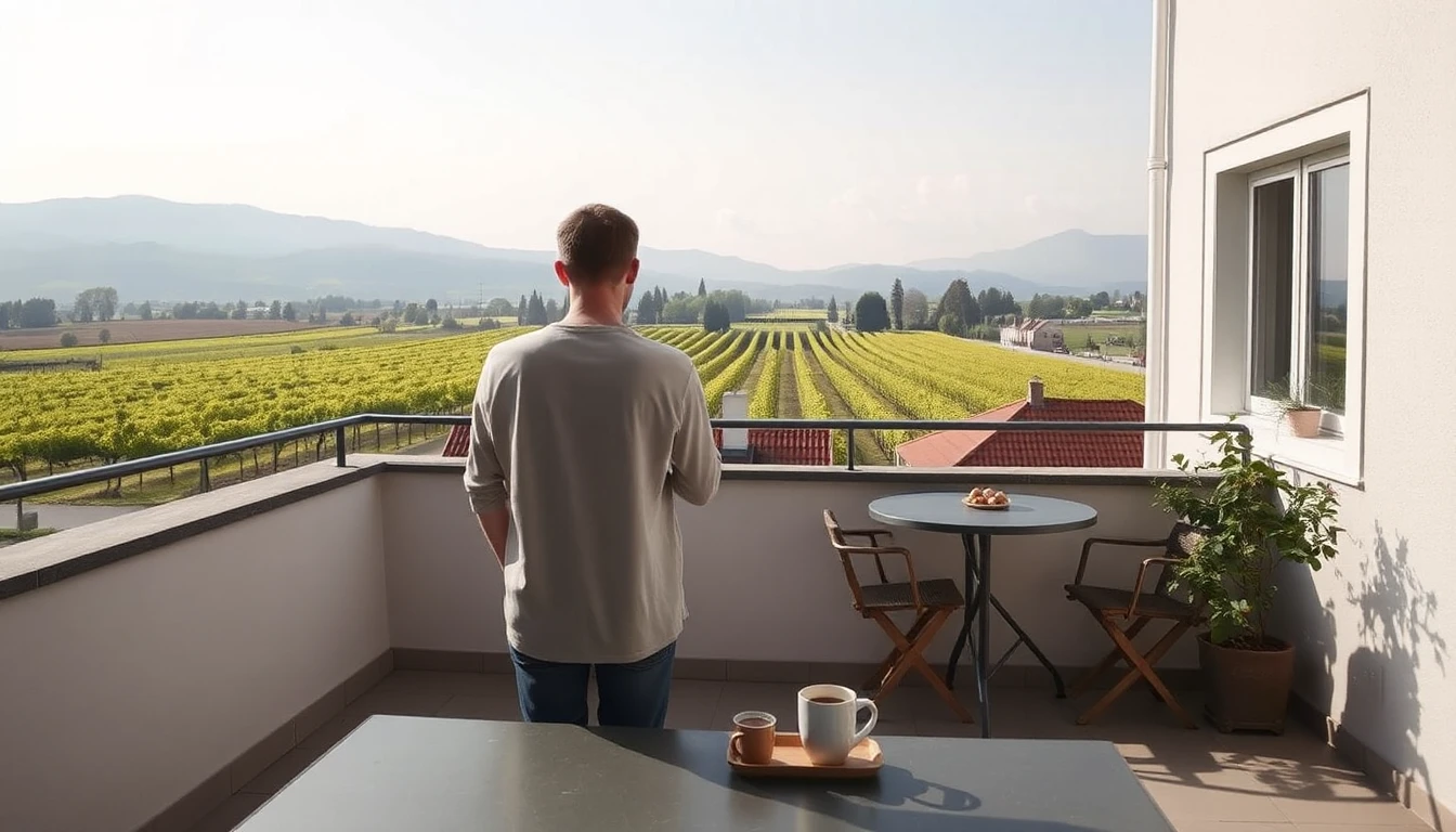 KI-Symbolbild: Ein Mann steht von hinten gesehen auf einer sonnigen Terrasse mit Kaffee auf dem Tisch und blickt auf Weinberge und Hügel.
