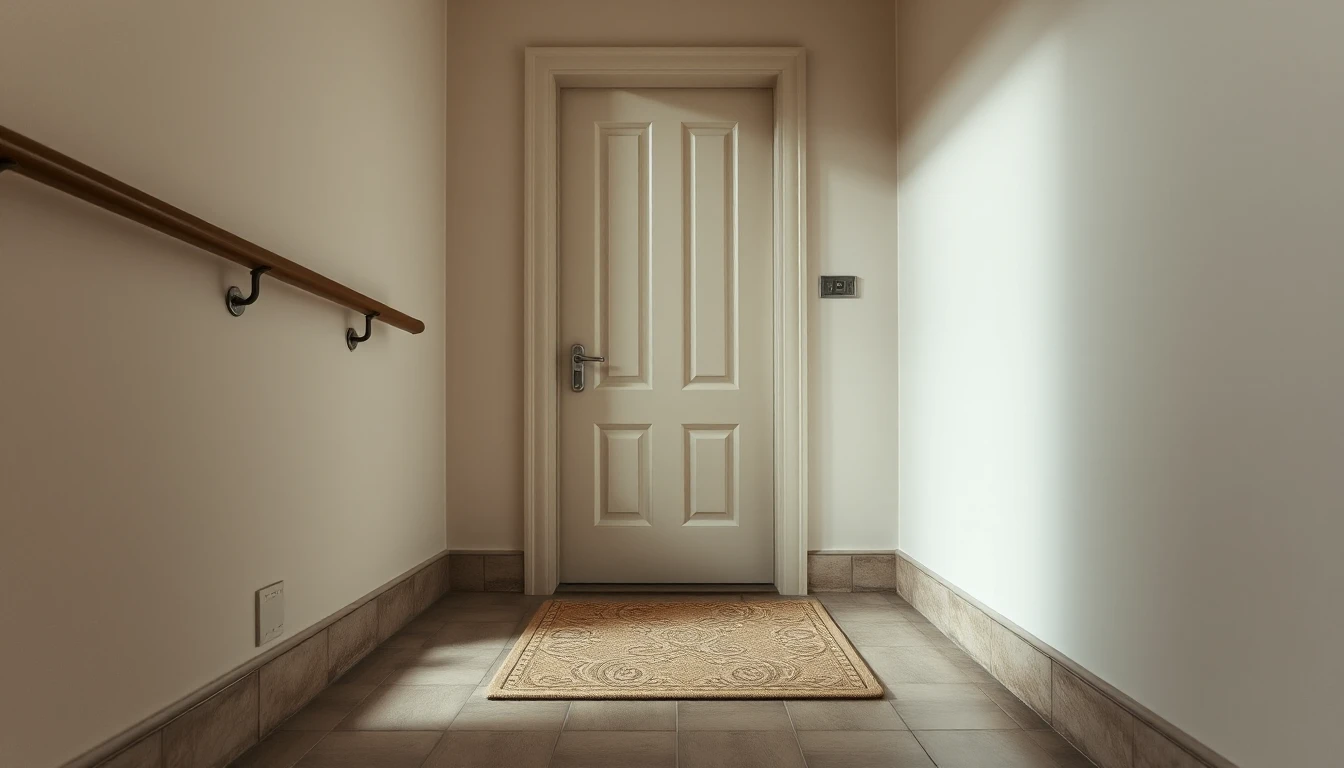 KI-Symbolbild: Geschlossene helle Wohnungstür am Ende eines Treppenhausflurs mit Fußmatte davor und einem Handlauf an der Wand.