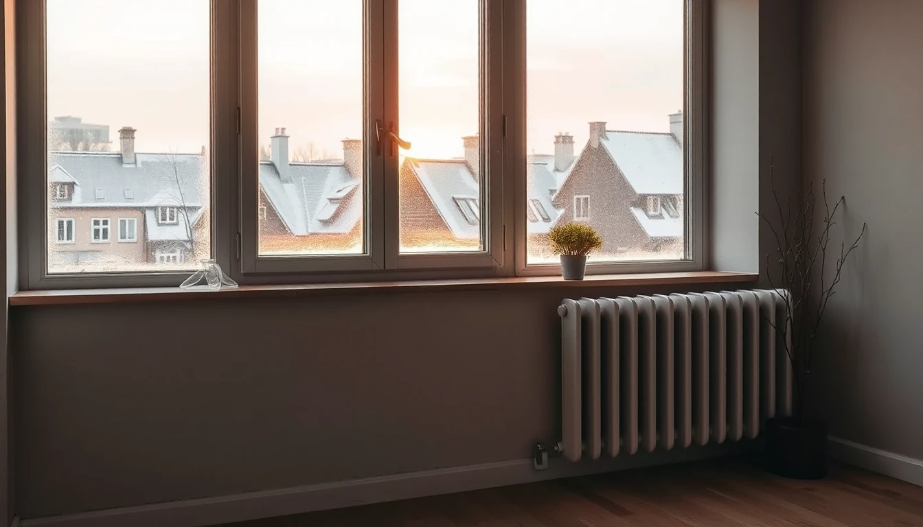 KI-Symbolbild: Ein Fenster mit Eisblumen neben einem Heizkörper, draußen verschneite Dächer im Morgenlicht.