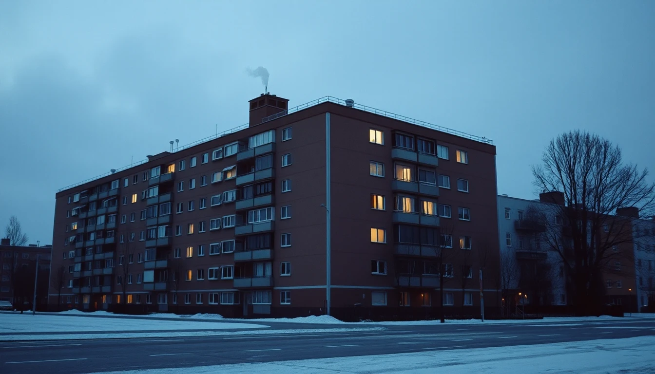KI-Symbolbild: Ein Wohnblock aus den 1970er-Jahren im Schnee mit teils erleuchteten Fenstern und einer dünnen Dampffahne vom Dach in der Abenddämmerung.