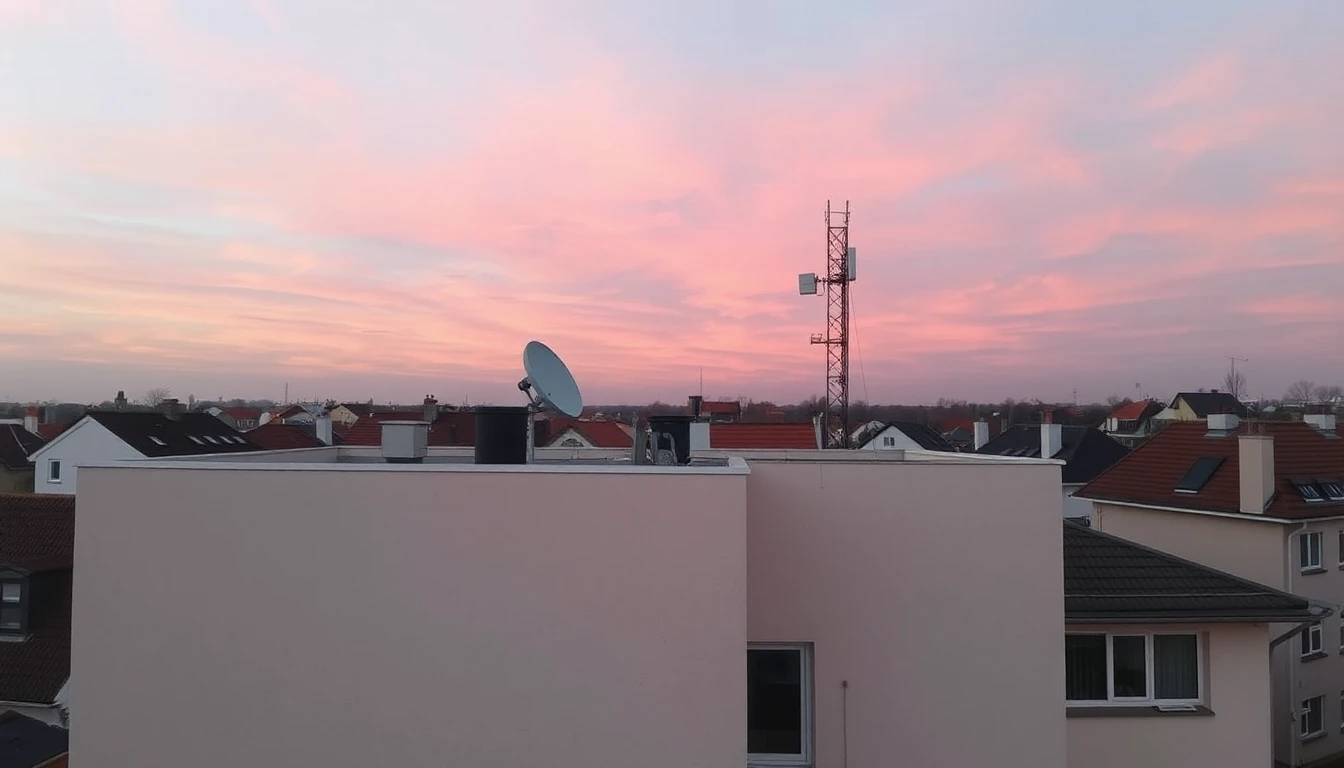 KI-Symbolbild: Ein Flachdach mit Satellitenschüssel und Antennenmast vor rosa Abendhimmel, ringsum Nachbardächer.