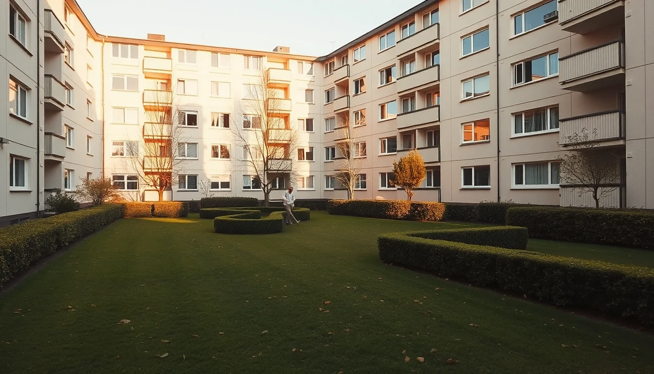 KI-Symbolbild: Ein gemähter Rasen mit geschnittenen Hecken im Innenhof einer Wohnanlage, im Hintergrund klein ein Hauswart bei der Gartenarbeit.