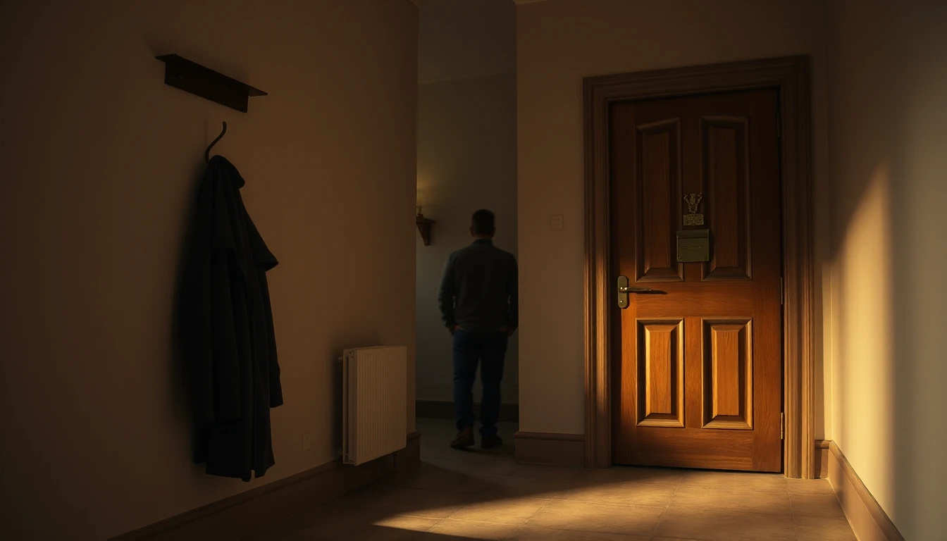 KI-Symbolbild: Ein dämmriger Wohnungsflur mit einem Mantel am Haken und einer Holztür mit Messing-Briefschlitz, eine Person von hinten im Durchgang.