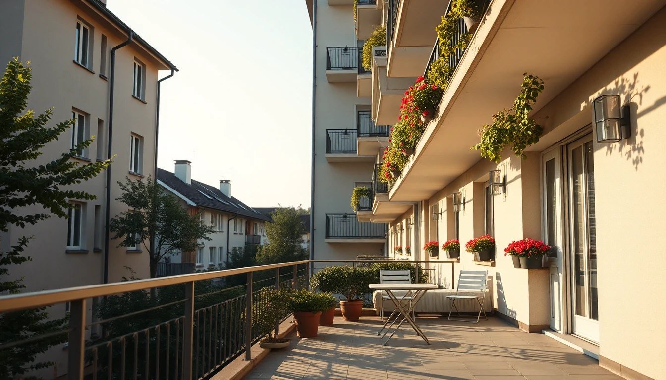 KI-Symbolbild: Ein sonniger Balkon mit roten Geranien, einem kleinen Bistrotisch und zwei Stühlen an einem hellen Mietshaus im Abendlicht.