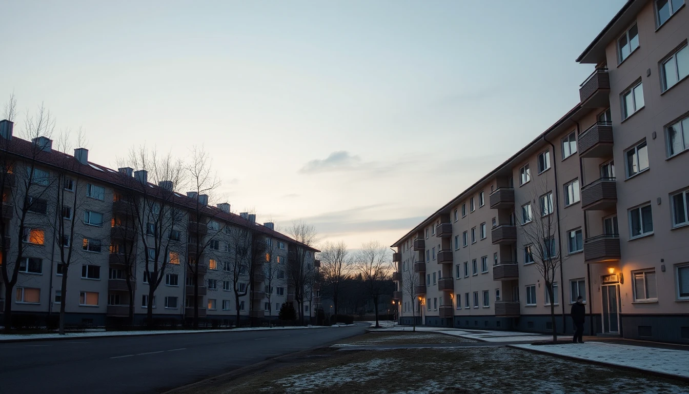 KI-Symbolbild: Eine Reihe gleichförmiger Wohnblöcke in der Winterdämmerung mit beleuchteten Fenstern und kahlen Bäumen, ein Bewohner klein auf dem Heimweg.
