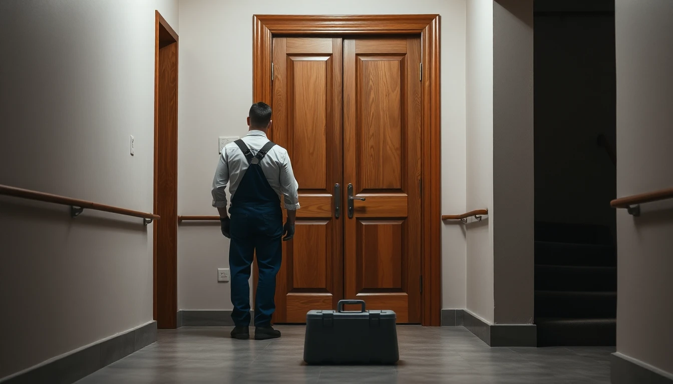 KI-Symbolbild: Ein Handwerker im Latzoverall steht von hinten gesehen vor einer hohen Holztür im Treppenhaus, davor eine graue Werkzeugkiste.